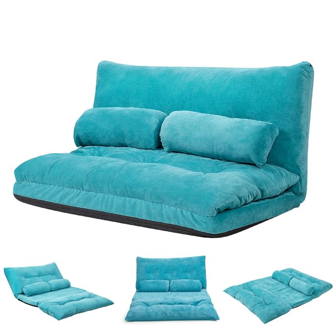 Moccha Convertible Floor Sofa Bed, 6-Position Adjustable Folding Sleeper Bed Lazy Sofa with 2 Pillows & Corduroy Fabric, Foldable Sofa Couch Recliner for Reading, Gaming, Sleeping, Playing, Turquoise