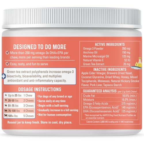 Bernie's OMG!!! Omegas 5X Extra Strength Omega-3s DHA+EPA, Chews with Fish Oil for Dogs, Ultimate Skin & Coat, Works as Dog Allergy Chews, Dog Calming Chews, Joint Supplement. (Pork)