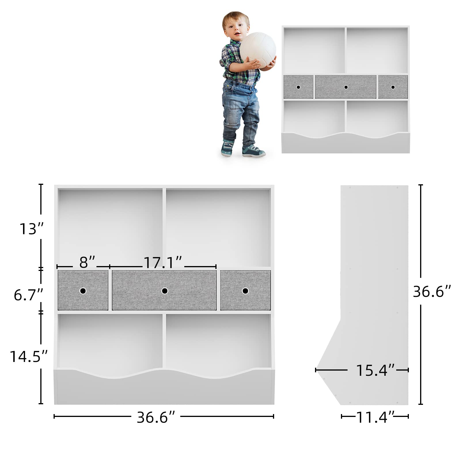 Amyove Kids Toy Storage Organizer, Kids Bookshelf with 2 Bookshelfs, 3 Removement Drawers and 2 Cubbies, Toy Organizers and Storage for Living Room, Kids Bedroom, Nursery, Playroom, White