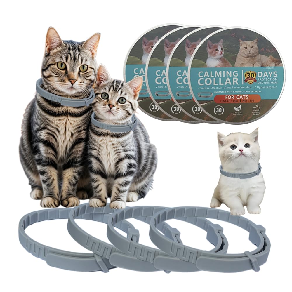 Cat Calming Collar for Cats Pheromones Anxiety Relief Calming Collar Cat Relaxer 4Pack, 60 Days of Calming Each Collar, Adjustable Size for All Cats for Travel (Grey)