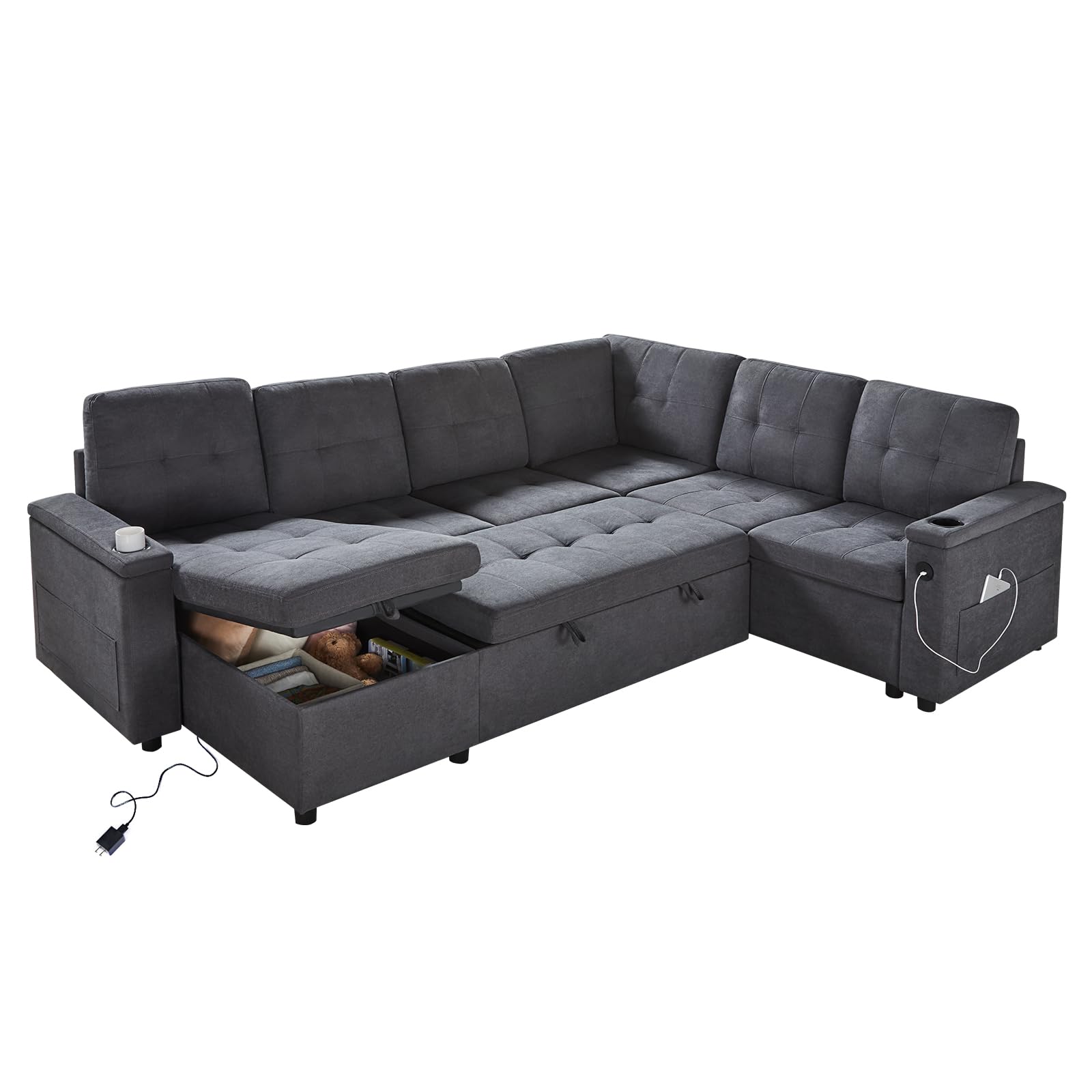 PaPaJet Sleeper Sofa Bed, 110 Inch Oversized Sofa with 2 USB Charging Ports & Cup Holders, U Shaped Pull Out Couch with Storage Chaise & 3 Seater- Dark Grey