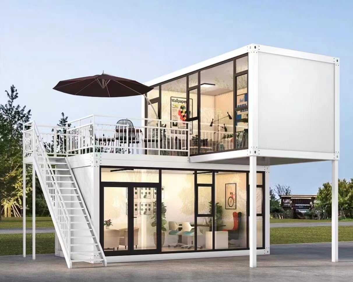 Two-Story Customized Container Houses Villas Prefab Tiny Homes to Live in for Adults Mini Foldable Mobile Home Modular Guest Homes kit casas prefabricadas para Vivir, Stair Terrace guardrail