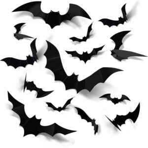 96 pcs bats wall decor halloween decorations, 5 different sizes realistic pvc 3d black window clings, scary bat stickers for home decor diy wall decal party supplies, double-sided adhesive included