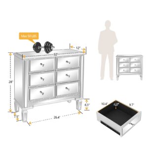 Bonnlo Mirrored Dresser 6 Mirrored Drawers, Mirrored Cabinet, Glass Mirror Dresser for Bedroom with 6 Storage Drawer Modern Chest of Drawers, Silver, 32”L x 12”W x 28”H