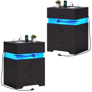 hasuit black night stand set of 2 with led lights and charging station, modern nightstand with 3 drawers, bedside tables/end table for bedroom