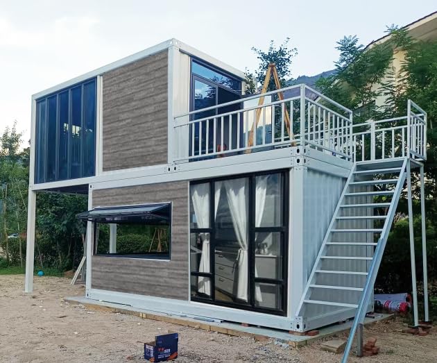 Two-Story Customized Container Houses Villas Prefab Tiny Homes to Live in for Adults Mini Foldable Mobile Home Modular Guest Homes kit casas prefabricadas para Vivir, Stair Terrace guardrail