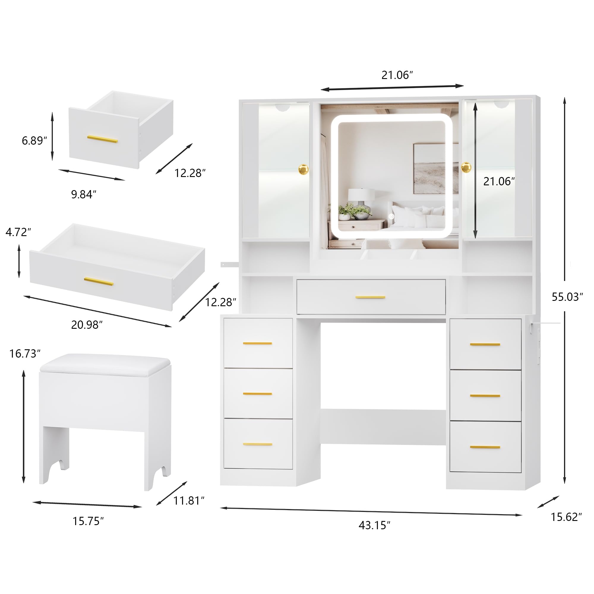 BORNOON Makeup Vanity with LED Light Strip Mirror and Chair, 7 Drawers & 2 RGB Cabinets White Vanity Makeup Desk with Power Strip, Adjustable LED Lighting, and Cushioned Stool for Women, Girls, Teens