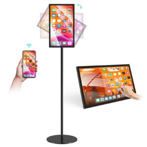 yixzswd 15.6" digital signage displays&interactive kiosks,lcd 10 points capacitive touch screen advertising displays with adjustable floor stand and screen mirroring function, android 11 os, 4+64gb