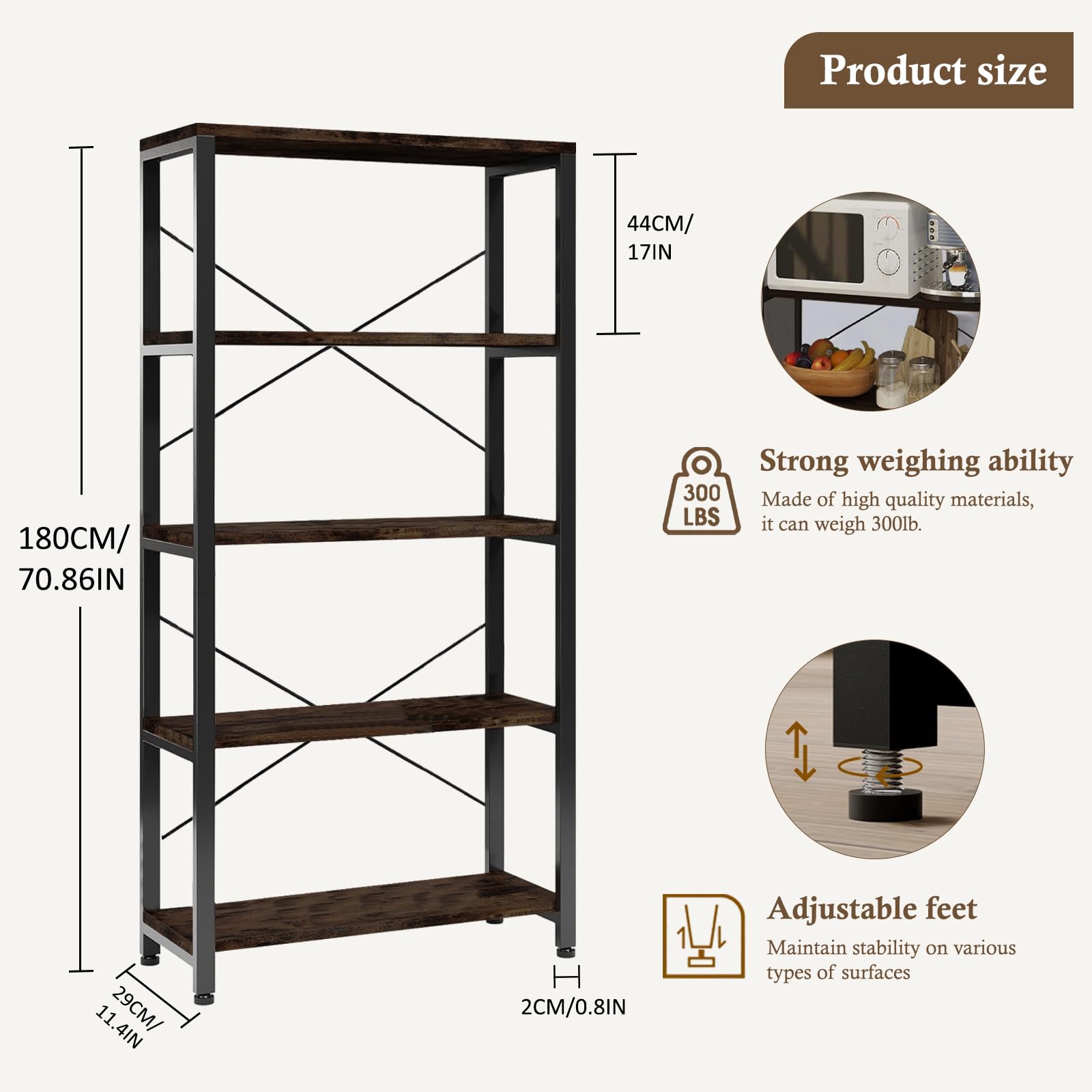 VKETU Tall Bookshelf, 5 Tier Etagere Bookcase, Free Standing Open Book Shelves, Rustic Industrial Bookshelf with Metal Frame, Storage Display Shelf for Bedroom Home Office Living Room (Brown)