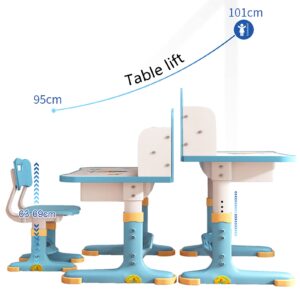 pofluany Height Adjustable Kids Desk and Chair Set, Upgraded Kids Functional Desk and Chair Set, Kids School Desk, Writing Study Table for Girls Boys, Storage, Drawers, Bookshelf (Blue)