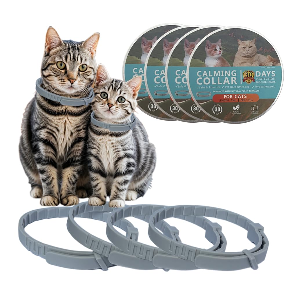 Cat Calming Collar for Cats Pheromones Anxiety Relief Calming Collar Cat Relaxer 4Pack, 60 Days of Calming Each Collar, Adjustable Size for All Cats for Travel (Grey)