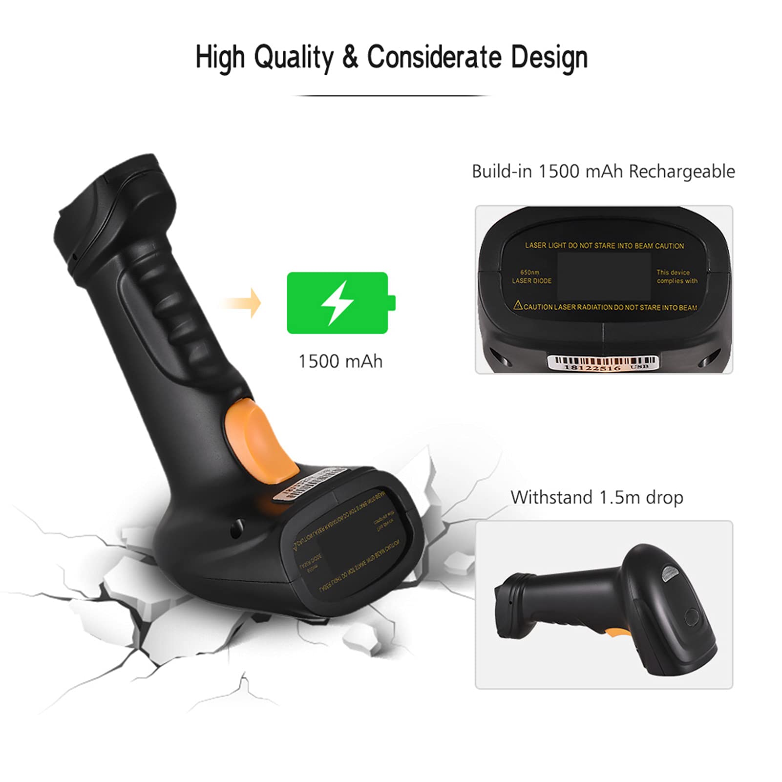 Barcode Scanner Support 2.4G and USD Connection with 1500MAh Rechargeable Battery