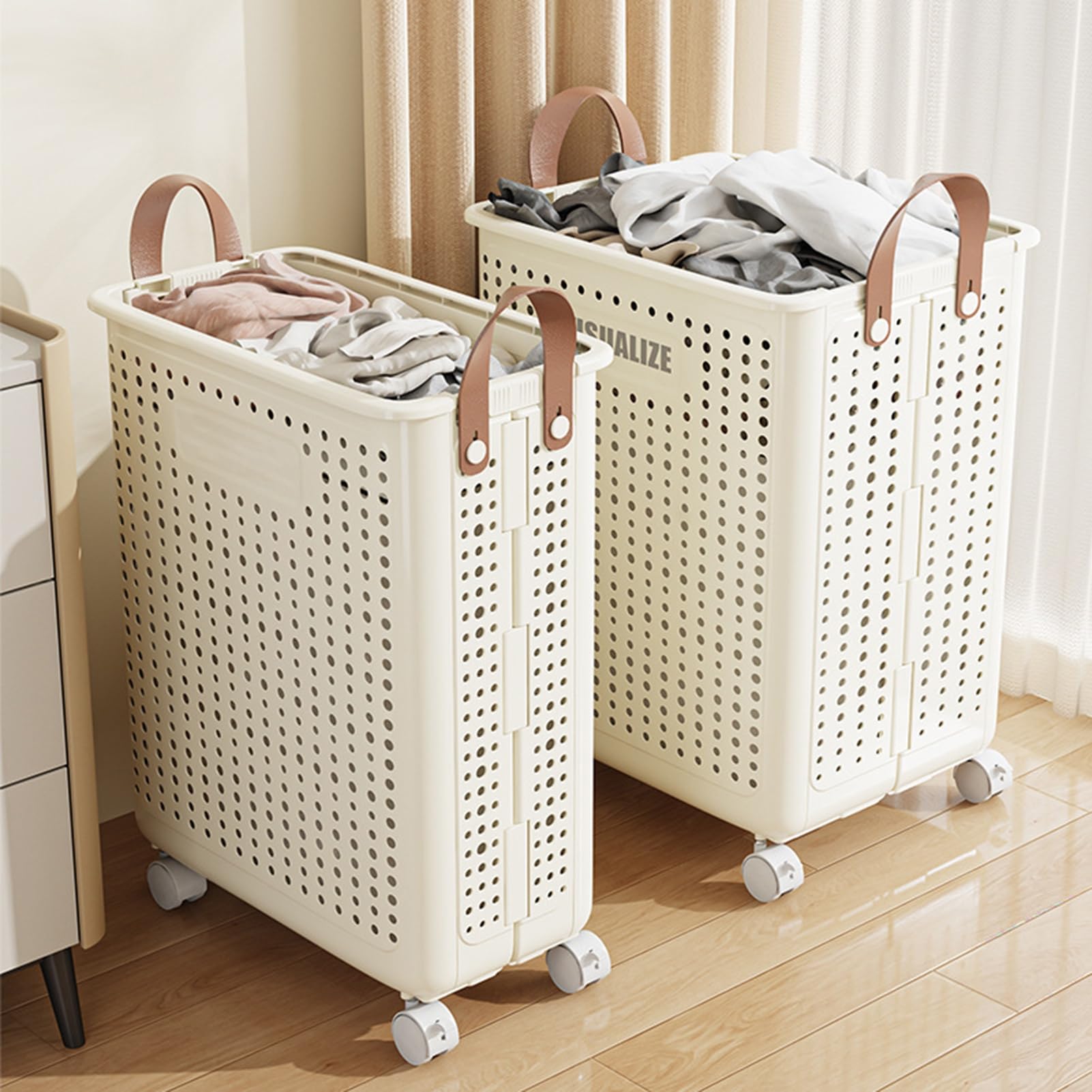 curfair Laundry Basket Foldable with Wheels, Collapsible Laundry Hamper, Slim Laundry Basket Organizer Wheeled Laundry Basket Plastic, Dirty Clothes Basket for College Dorm, Bathroom White M