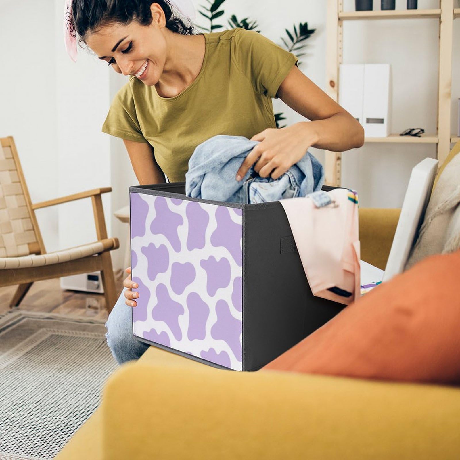 OPOZSDF Collapsible Storage Bin 10.6 x10.6 Inch Decorative Cube Organizers, Storage Basket Bin Compatible with Cow Print Purple Cube Box with Handles, 1 Pack