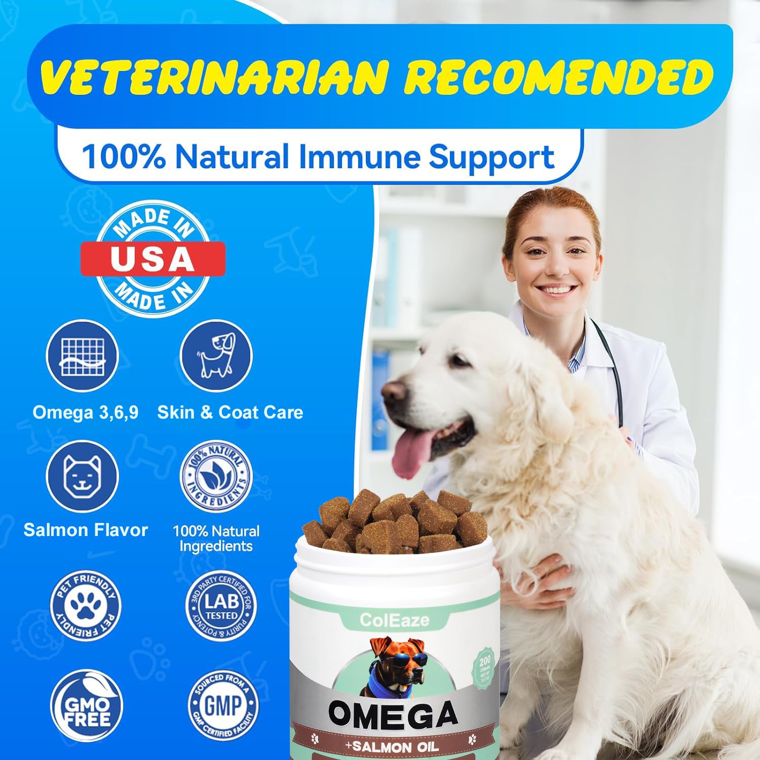 Salmon Oil for Dogs 200 Chews Omega 3 Fish Oil for Dogs - Skin and Coat Supplement for Dog Allergy and Itch Relief - Reducing Dry Itchy Skin Shedding Hot Spots - Salmon Flavor