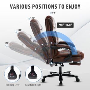 Comermax Big Tall Reclining Office Desk Chairs with Footrest Back Support Wide Seat PU Leather Ergonomic Recliner Managerial Executive Office Chair with Wheels Plus Size, Black Brown