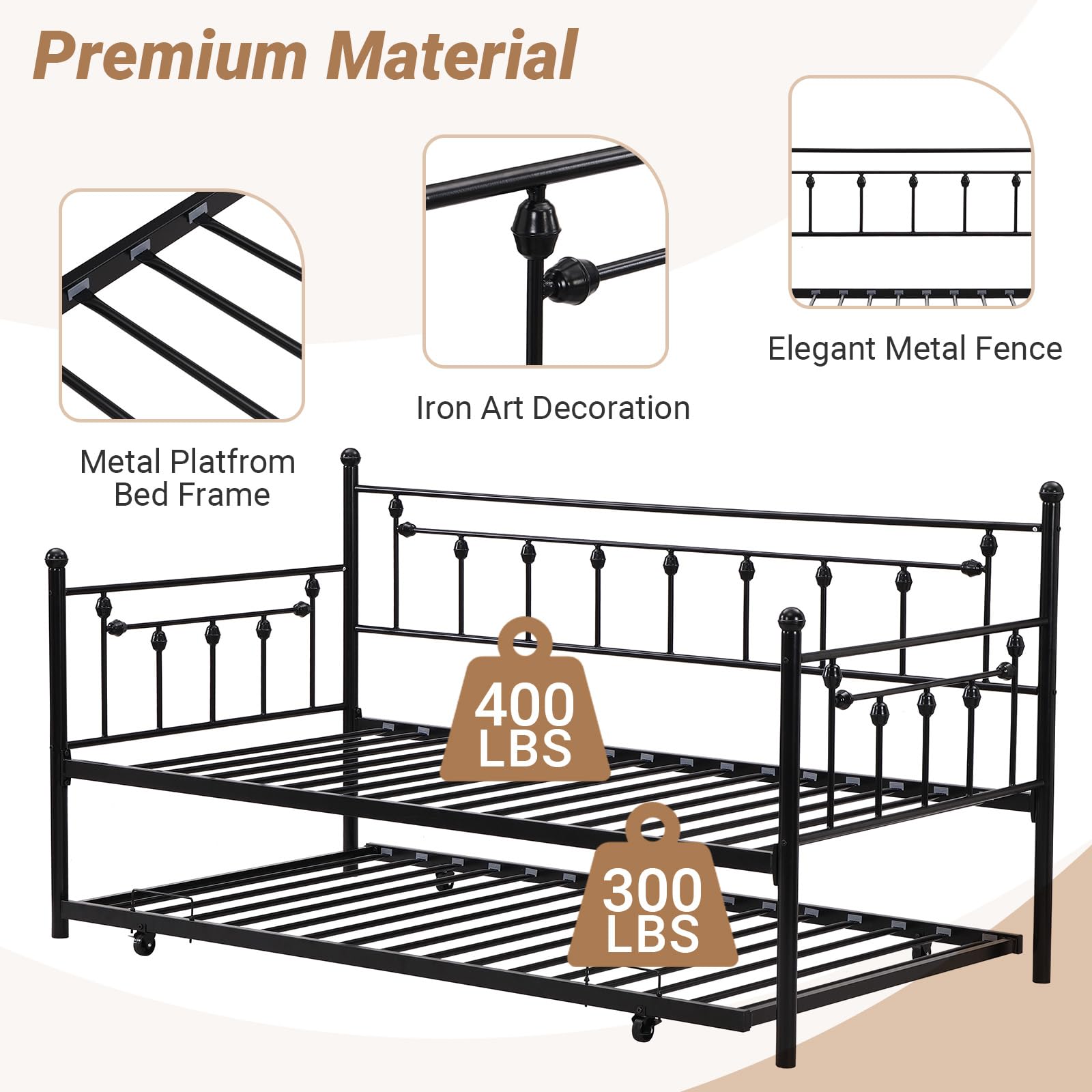 Zevemomo Twin Metal Daybed with Trundle, Black Twin Size Metal Sofa Bed Daybed with Pull Out Trundle Bed for Bedroom Living Guest Room, Heavy-Duty Day Bed No Box Spring Needed, Easy Assembly