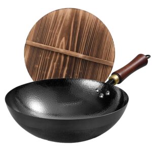 umetre carbon steel wok pan, 13.5″woks & stir-fry pans with wooden lid cookwares, nonstick wok, no chemical coated round bottom hand hammered chinese wok for gas