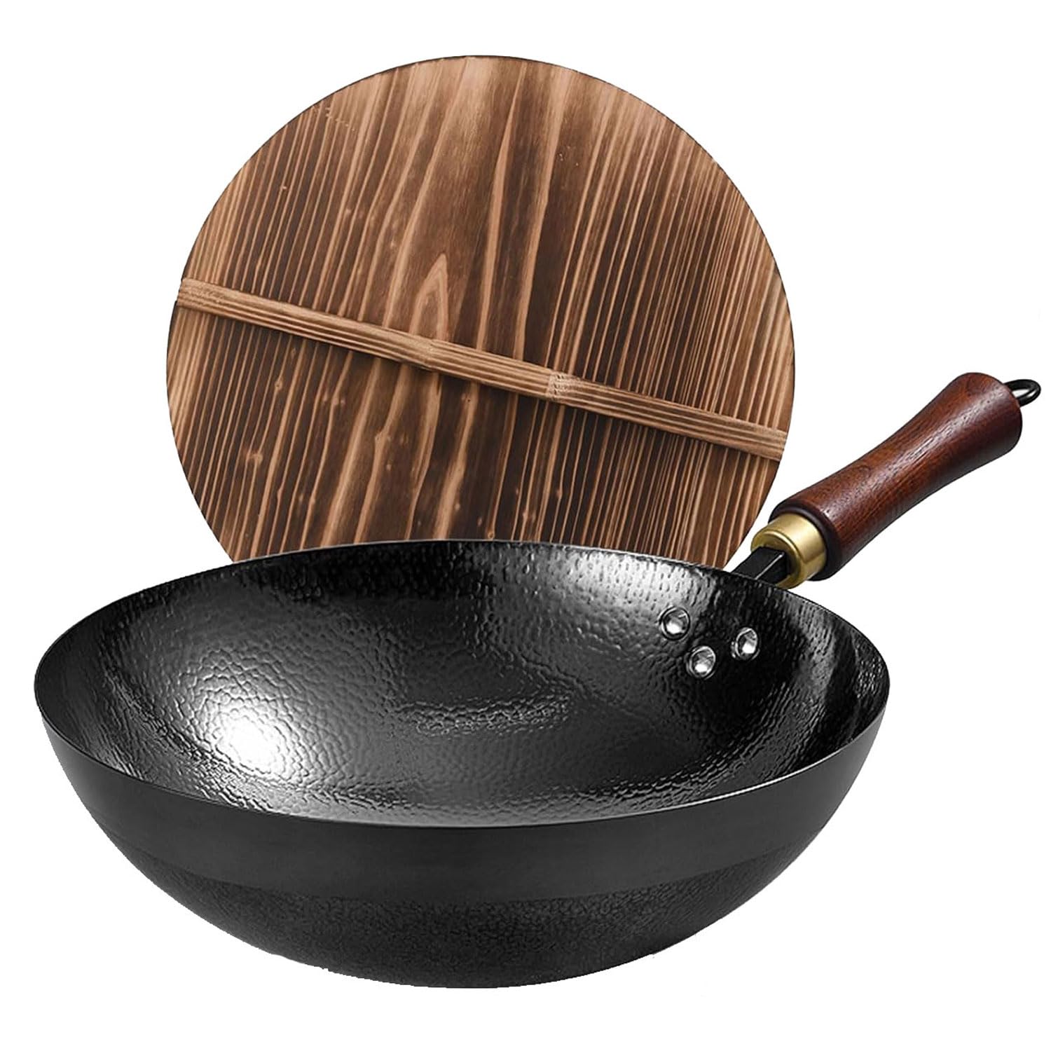 UMETRE Carbon Steel Wok Pan, 13.5″Woks & Stir-Fry Pans with Wooden Lid Cookwares, Nonstick Wok, No Chemical Coated Round Bottom Hand Hammered Chinese Wok For Gas