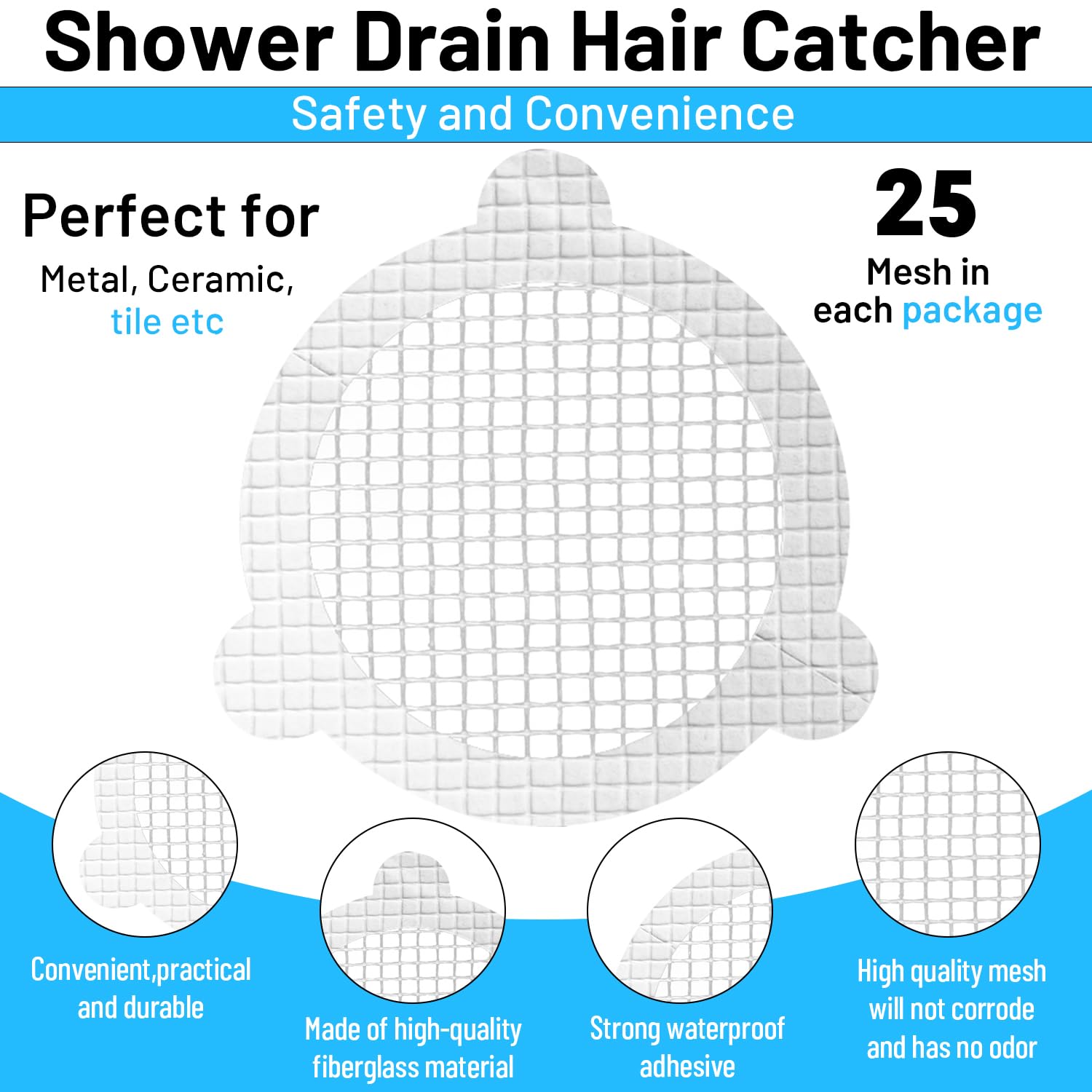 AMAZOPEN Disposable Hair Drain Stickers (25 Packs) 3.94 Inches Round Disposable Hair Catcher & Drain Covers | Round Mesh Disposable Shower Drain Hair Catcher for Bathroom, Bathtub & Kitchen