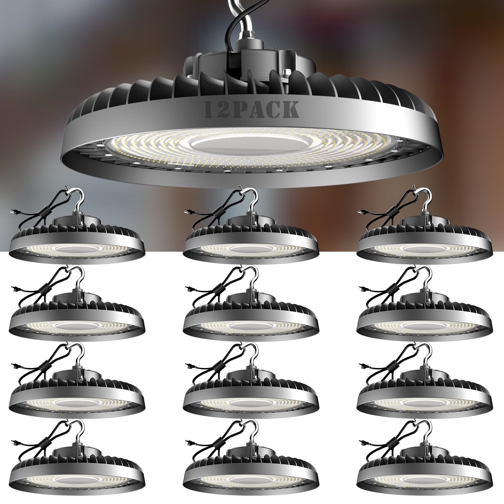 Lightdot 12Pack 250W LED High Bay Light 37500lm Commercial Bay Lighting, AC100-277V UFO LED High Bay Shop Light, High Bay LED Light Suit for 30~40Ft Height