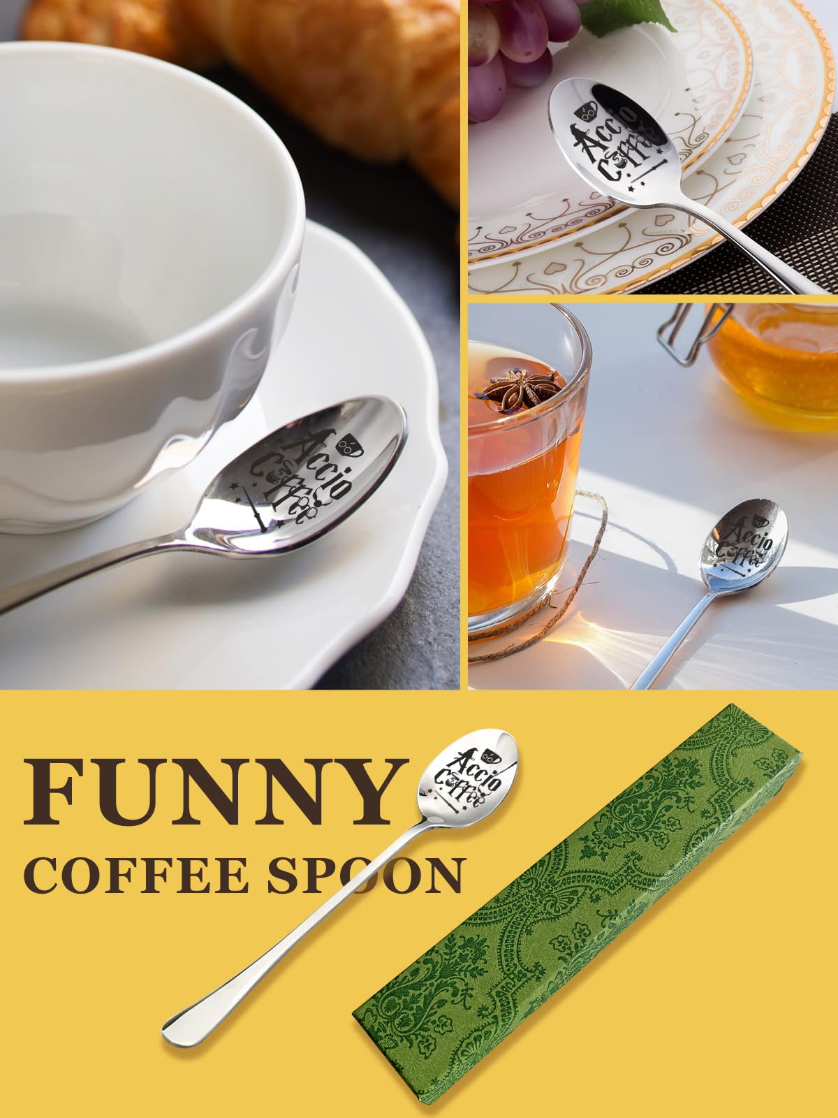 Lukifana Funny Accio Coffee Spoon, Stainless Steel Coffee Spoon Ice Cream Spoon Teaspoon Cheese Spoon, Suitable for Coffee Lovers, Bookworm Friends, Harry Potter Fans, Birthday Christmas Gifts