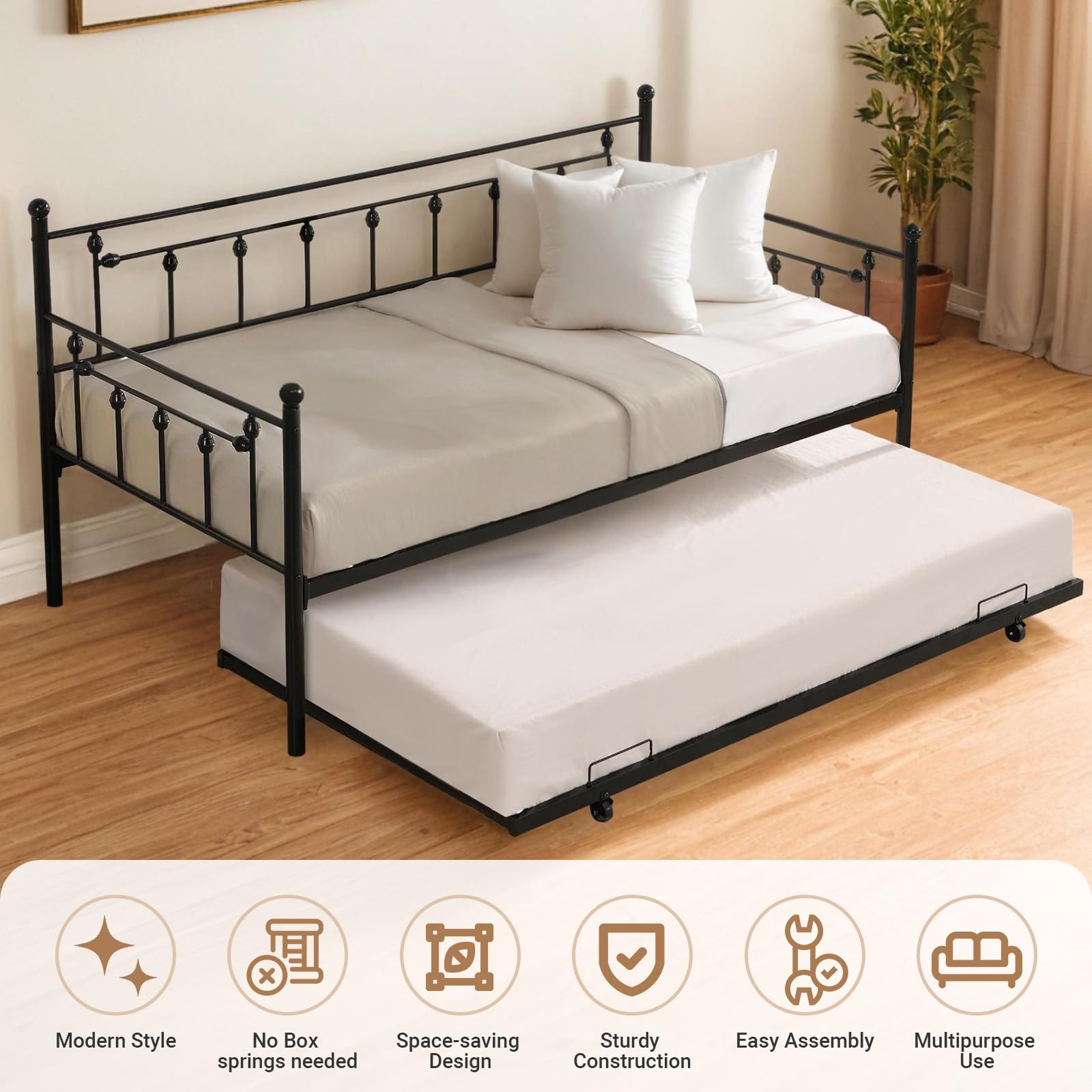 Zevemomo Twin Metal Daybed with Trundle, Black Twin Size Metal Sofa Bed Daybed with Pull Out Trundle Bed for Bedroom Living Guest Room, Heavy-Duty Day Bed No Box Spring Needed, Easy Assembly