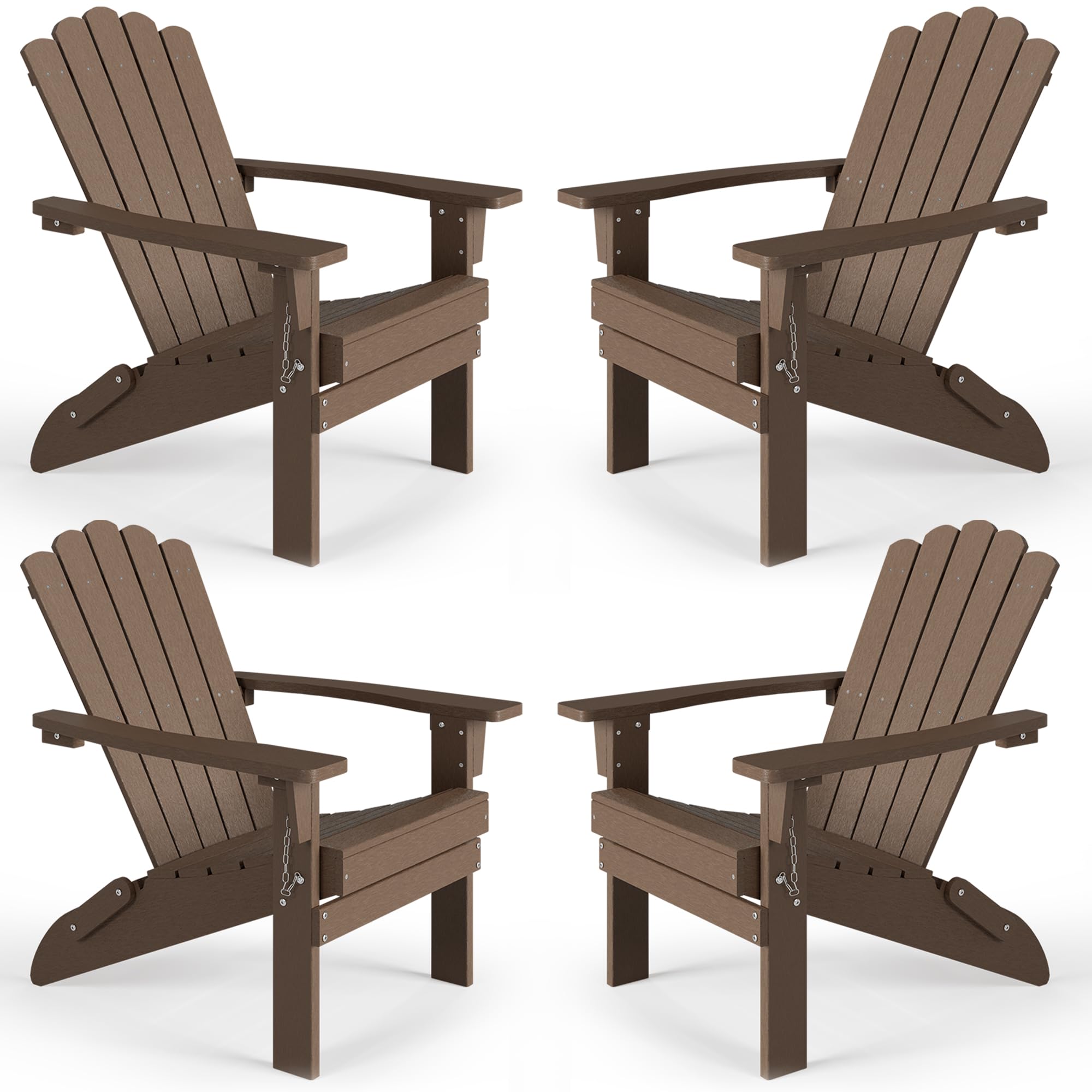 EFURDEN Adirondack Chair Set of 4, HDPE Folding Adirondack Chairs, Wide Armrest and High Backrest Fire Pit Chairs, All Weather & Fade Resistant Outdoor Chair for Garden Patio Backyard Porch, Brown