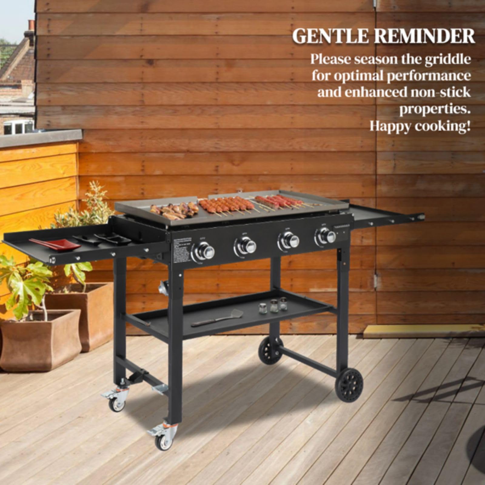 Commercial Griddle on Cart, 36" Heavy Duty Manual Flat Top Griddle, Outdoor Cooking Station with Side Shelves, Steel Natural Gas Griddle, 4-Burners Restaurant Portable Grill