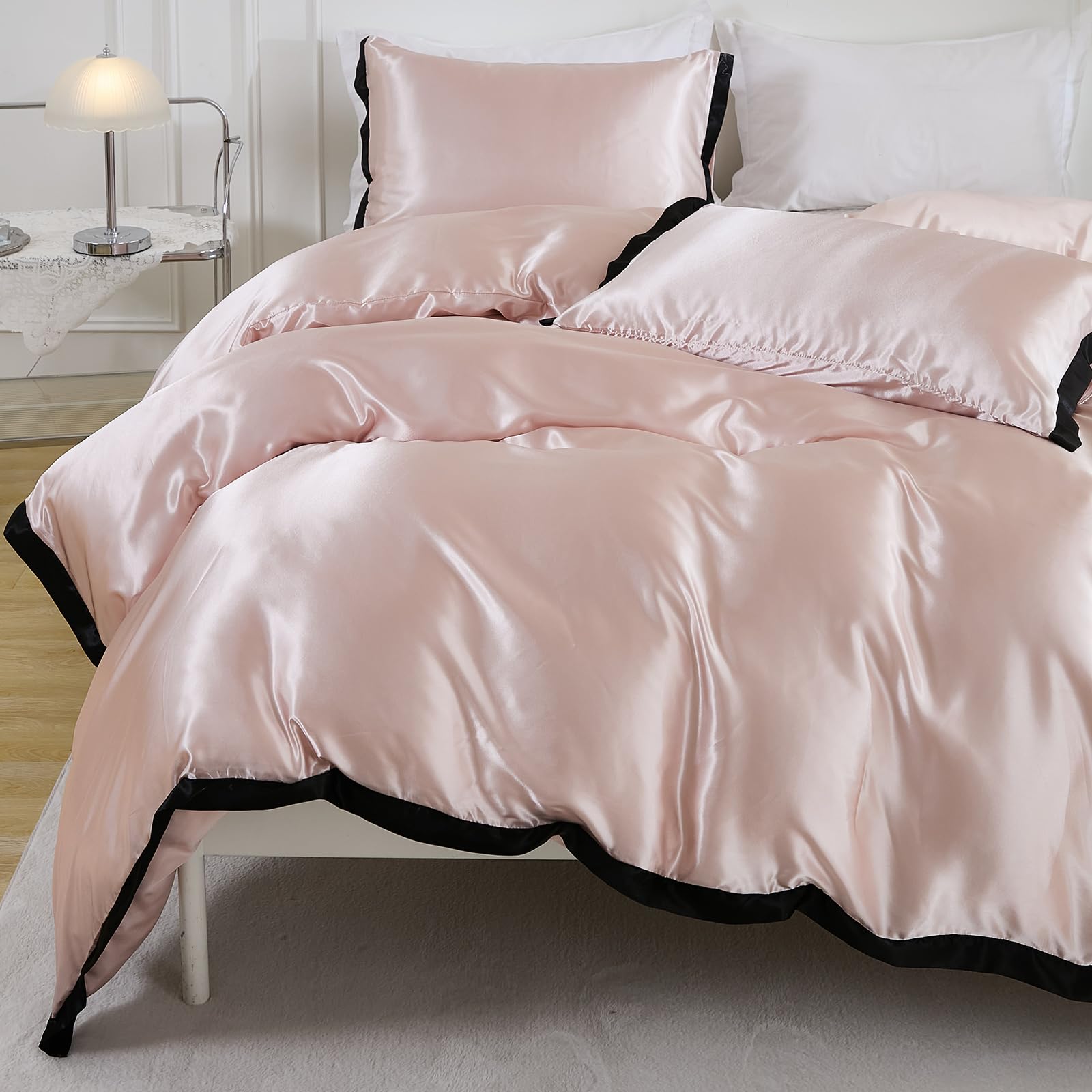 Satin Bedding Set Twin Pink Silky Duvet Cover Sets Luxury Silk Like Satin Comforter Cover Black Ruffle Bedding Sets 1 Duvet Cover 1 Pillow Sham (Twin, Pink)