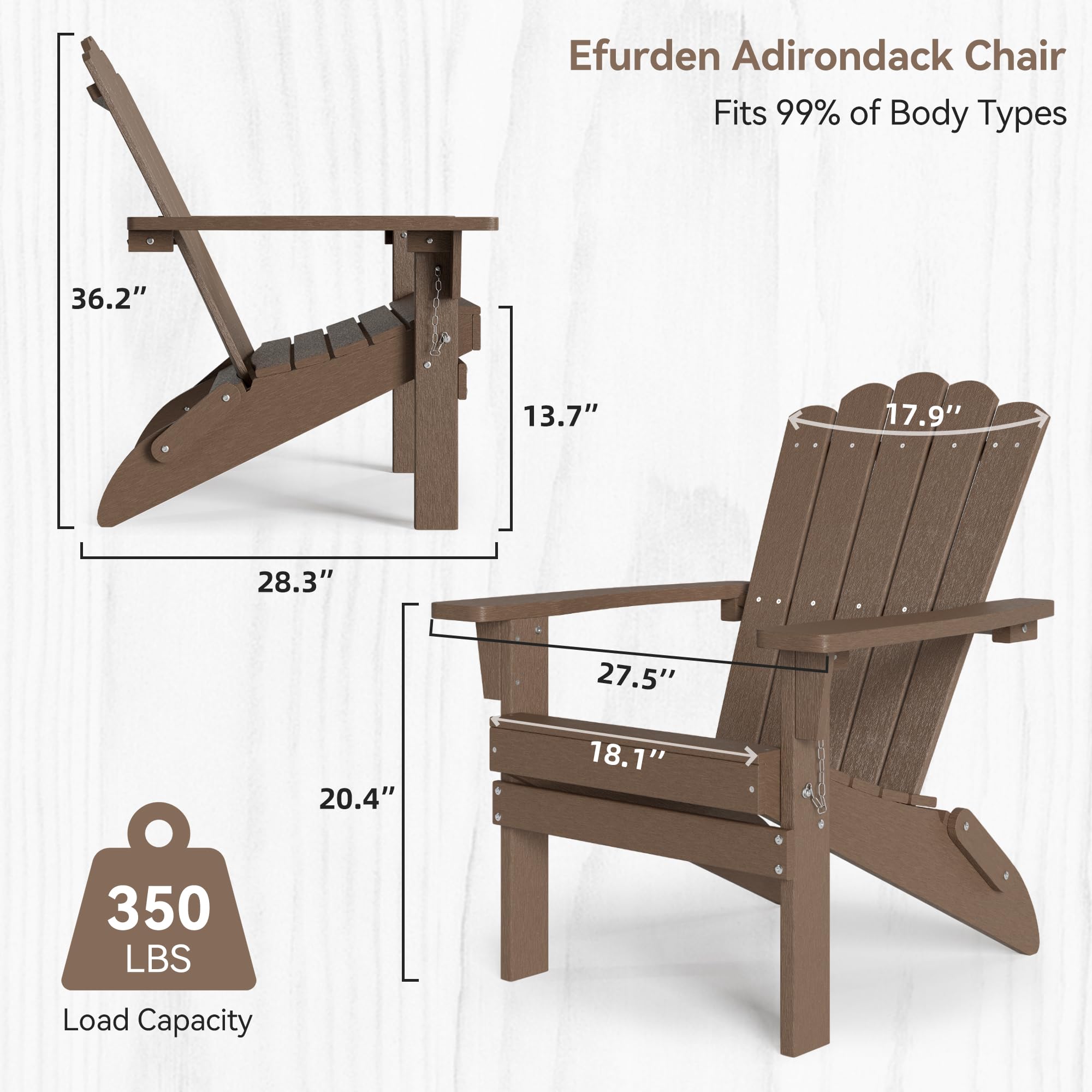 EFURDEN Adirondack Chair Set of 4, HDPE Folding Adirondack Chairs, Wide Armrest and High Backrest Fire Pit Chairs, All Weather & Fade Resistant Outdoor Chair for Garden Patio Backyard Porch, Brown