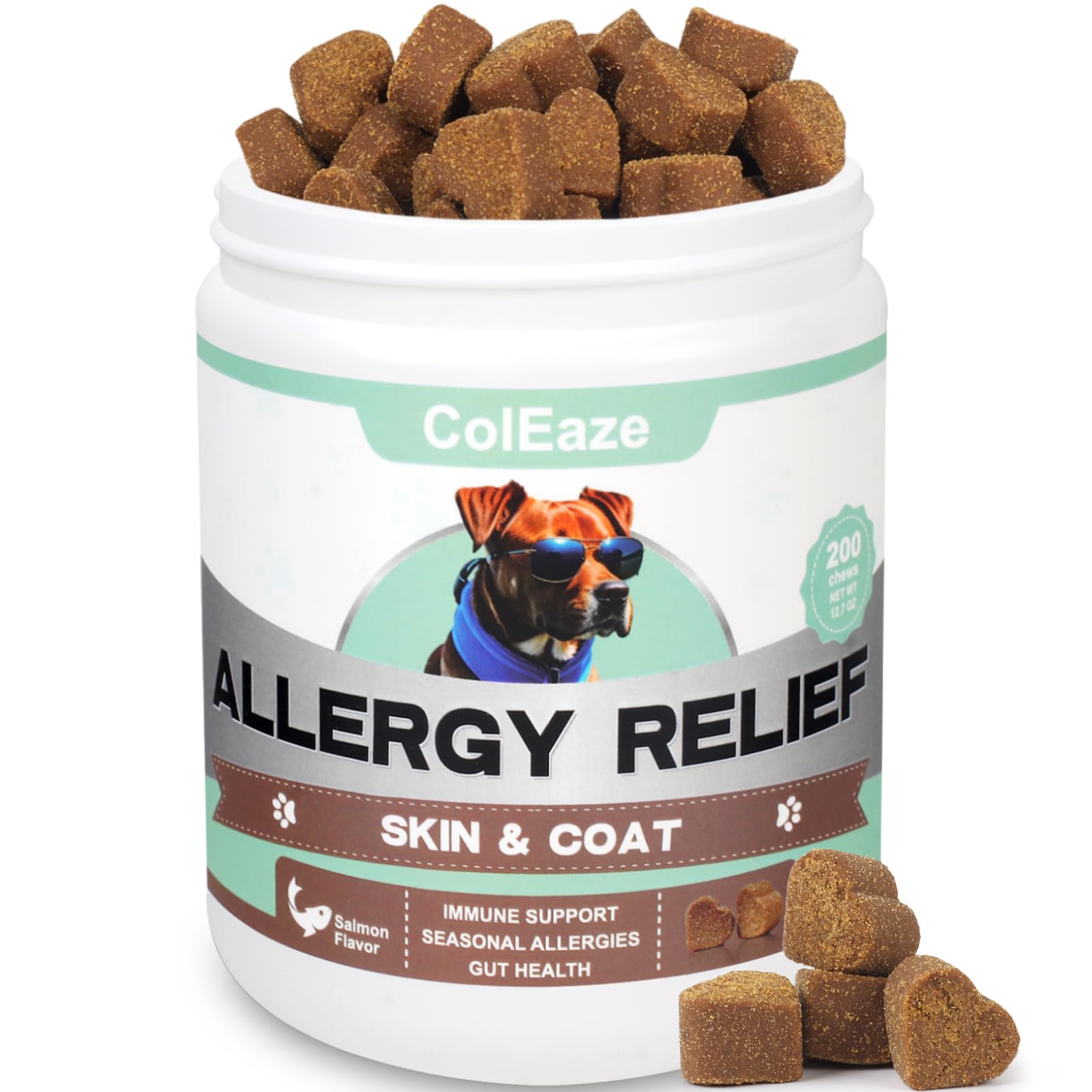 Dog Allergy Relief Chews 200Pcs Omega 3 Fish Oil Skin & Coat Supplement, Dog Itching Skin Relief with Probiotics & Colostrum - Dry Skin, Hot Spots, Licking, Seasonal Allergies Immune Support Treats