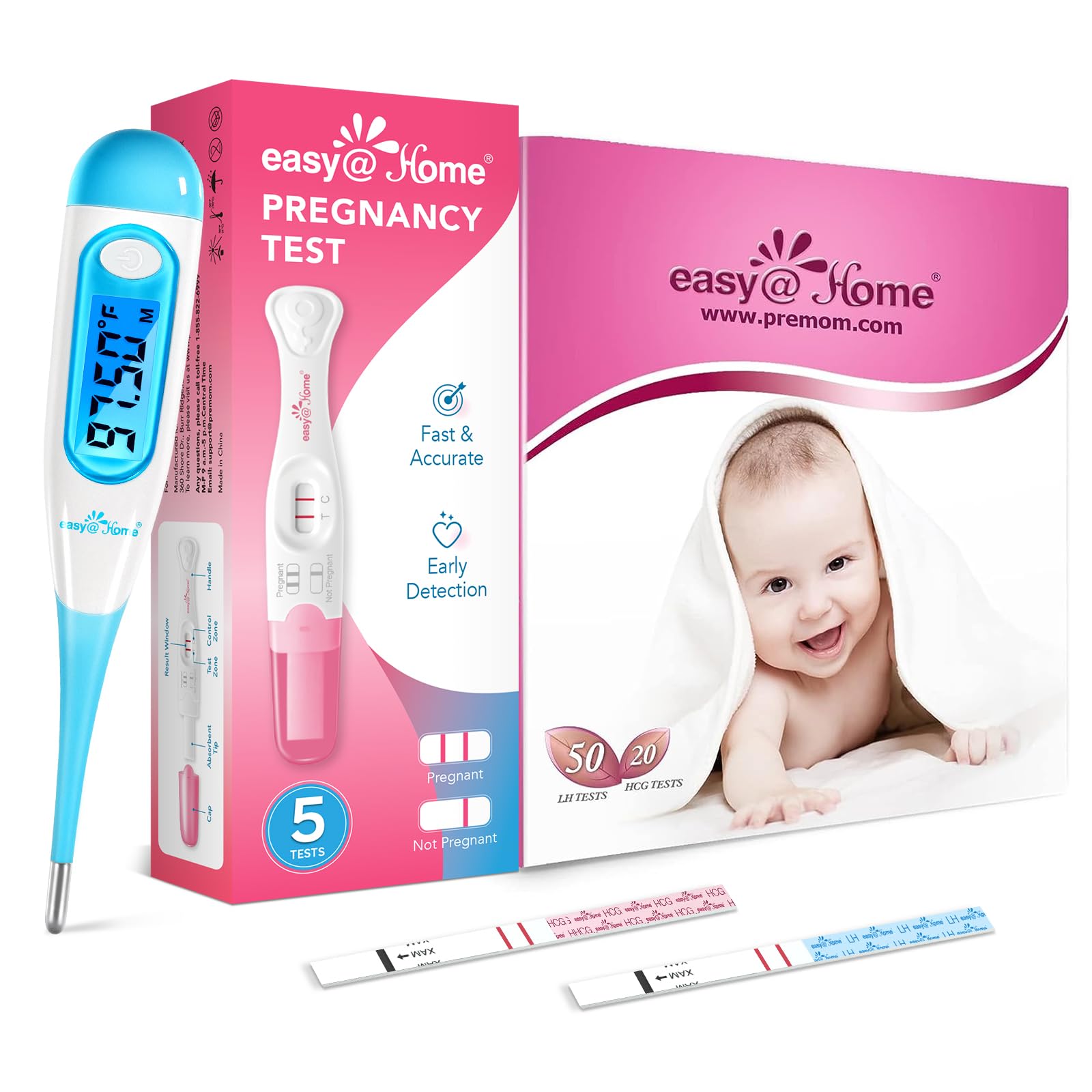 Easy@Home Digital Basal Thermometer with Blue Backlight LCD Display + Easy@Home 50 Ovulation Test Strips and 20 Pregnancy Test Strips + Easy@Home Pregnancy Test Sticks