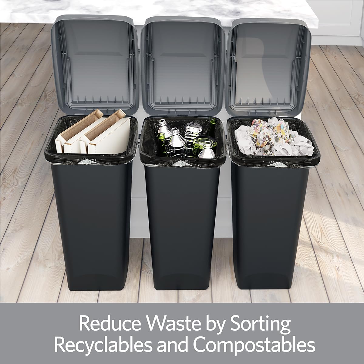 Glad Link & Sort 36 Gallon Waste and Recycle Center - 3x12G (3x45L) Plastic Bin Compartments for Trash, Recycling, Compost with Odor Protection and Swing Top and Lift Up Lids