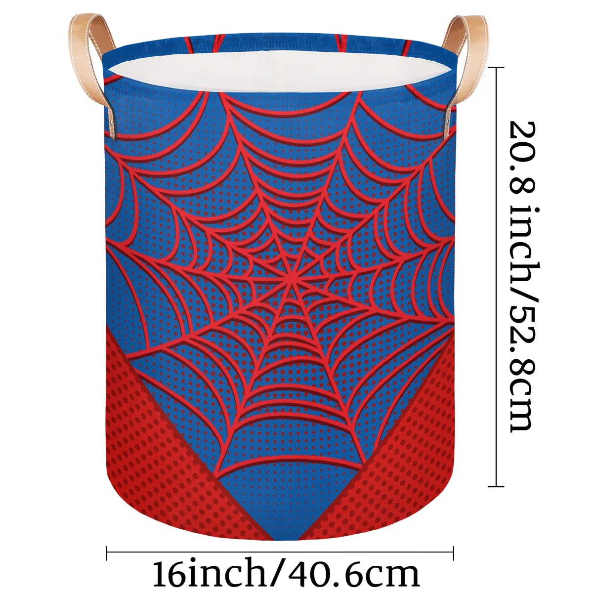 Large Laundry Hamper Basket Blue Spider Web Round Collapsible Storage Organizer Bin for Kids Room, Boys, Nursery, Closet, Bedroom, Playroom, Toys, Dirty Clothes, 16"W x 20"H