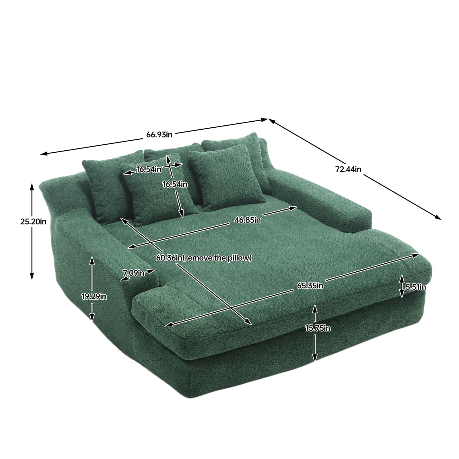 Chenille 2-Seater Lazy Sofa, Loveseat Couch Sofa,Deep Seat Sectional Sofa Cloud Couch, 66" Upholstered Modular Sofa Couch for Living Room, Square Arm Sofa,Sleeper Sofa with 5 Back Pillows Green