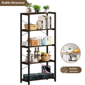 VKETU Tall Bookshelf, 5 Tier Etagere Bookcase, Free Standing Open Book Shelves, Rustic Industrial Bookshelf with Metal Frame, Storage Display Shelf for Bedroom Home Office Living Room (Brown)