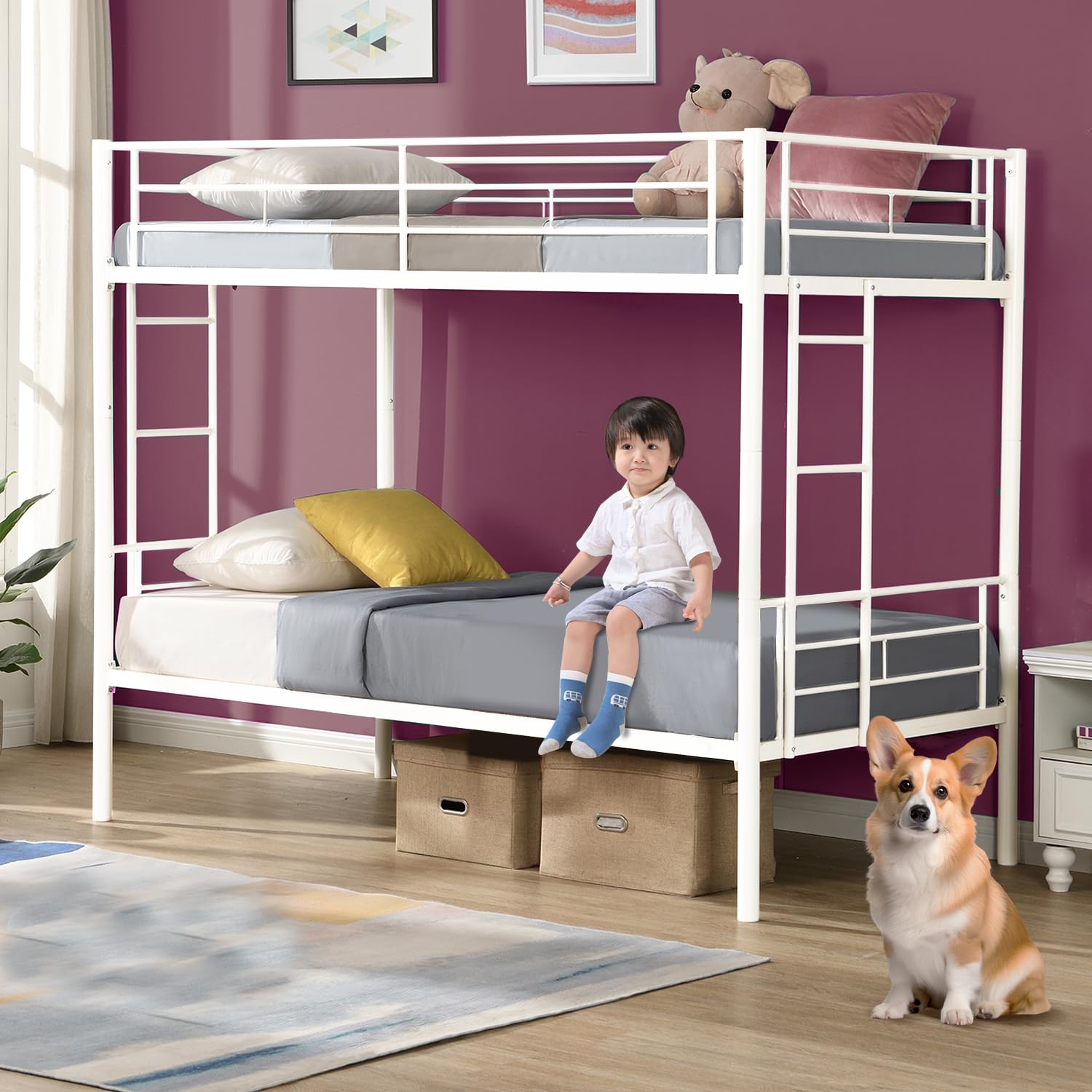 Cirui Kids Bunk Beds Twin Over Twin Convertible Bunkbed Metal Bunk Beds with 2 Side Ladders & Guardrails, Toddler Bunk Bed for Teens Boys Girls Adults Small Space Guest Room, with Bottom Space, White