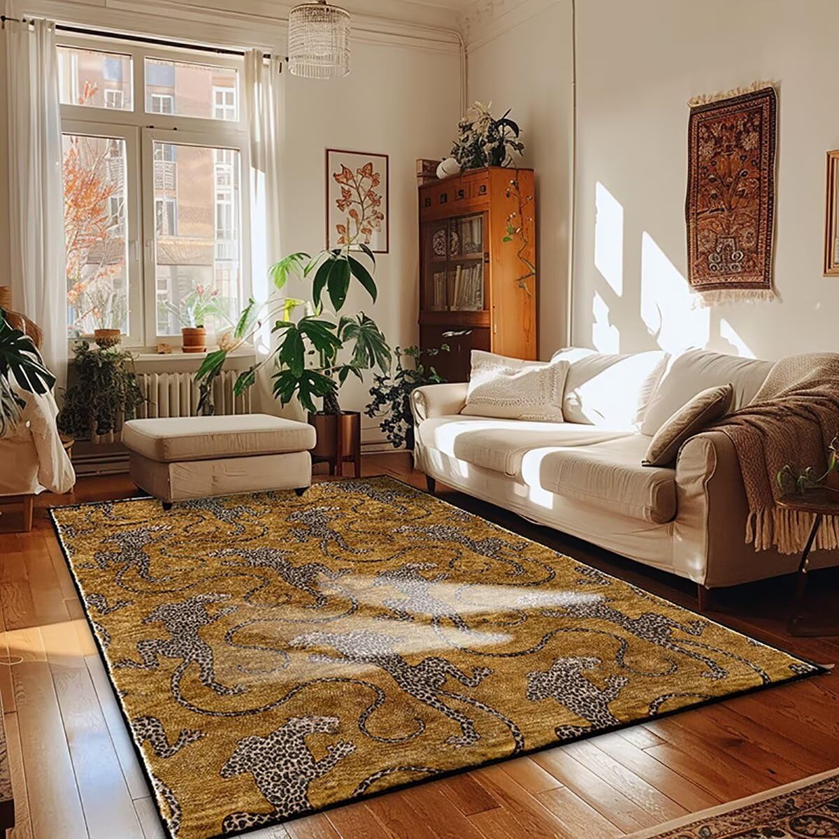 Leopard Print Rug for Bedroom 4x5 ft Cute Animal Navy BlueCheetah Print Area Rugs for Living Room Dining Room Non-Slip Animal Skin Rug for Under Desk