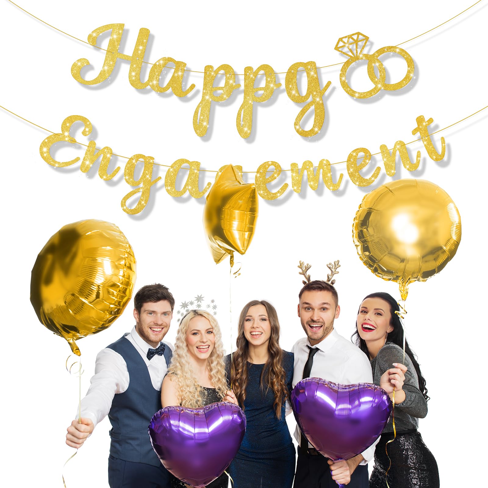 Happy Engagement Banner, Glitter Gold Congratulations Wedding Decorations Marriage Proposal Just Engaged Banner for Bride-To-Be Groom-To-Be Lovers Anniversary Party Supplies (Unassembled)