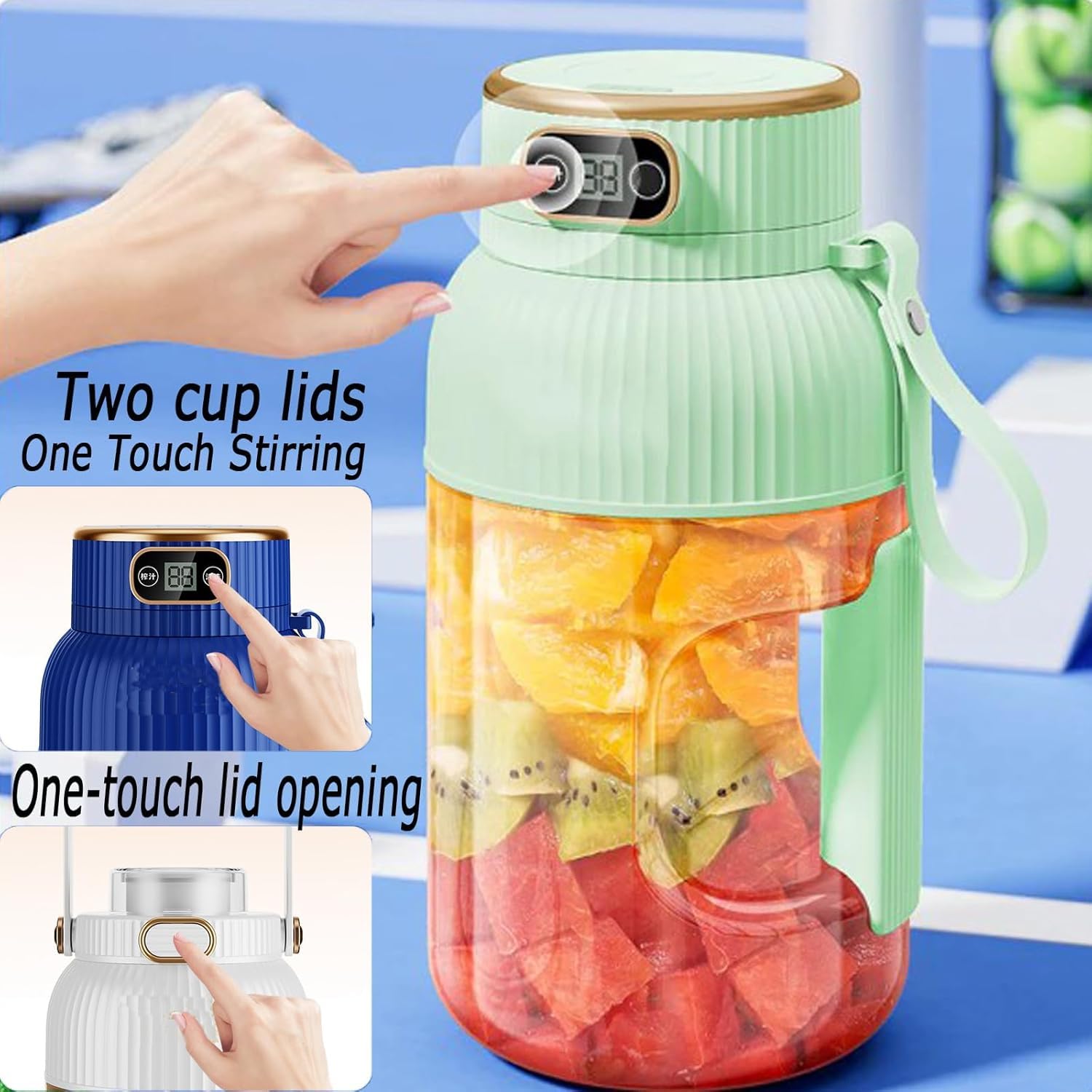 Multifunctional Portable Juicer Cup With Digital Display, 2-in-1 Portable Juicer Blender With Drinking Lid, USB Rechargeable Large Capacity Juicer Cup for Juice, Milkshake (Green)