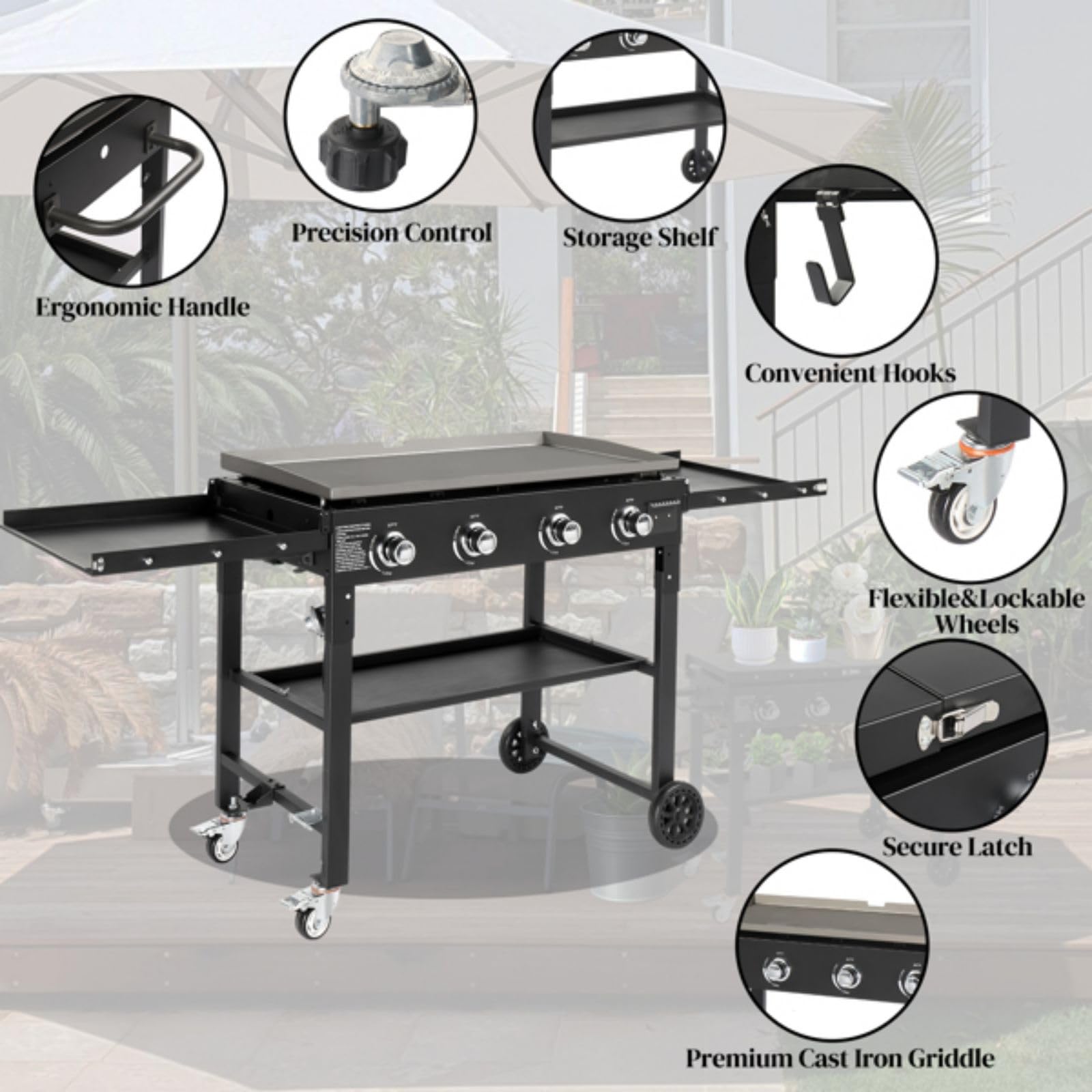 Commercial Griddle on Cart, 36" Heavy Duty Manual Flat Top Griddle, Outdoor Cooking Station with Side Shelves, Steel Natural Gas Griddle, 4-Burners Restaurant Portable Grill