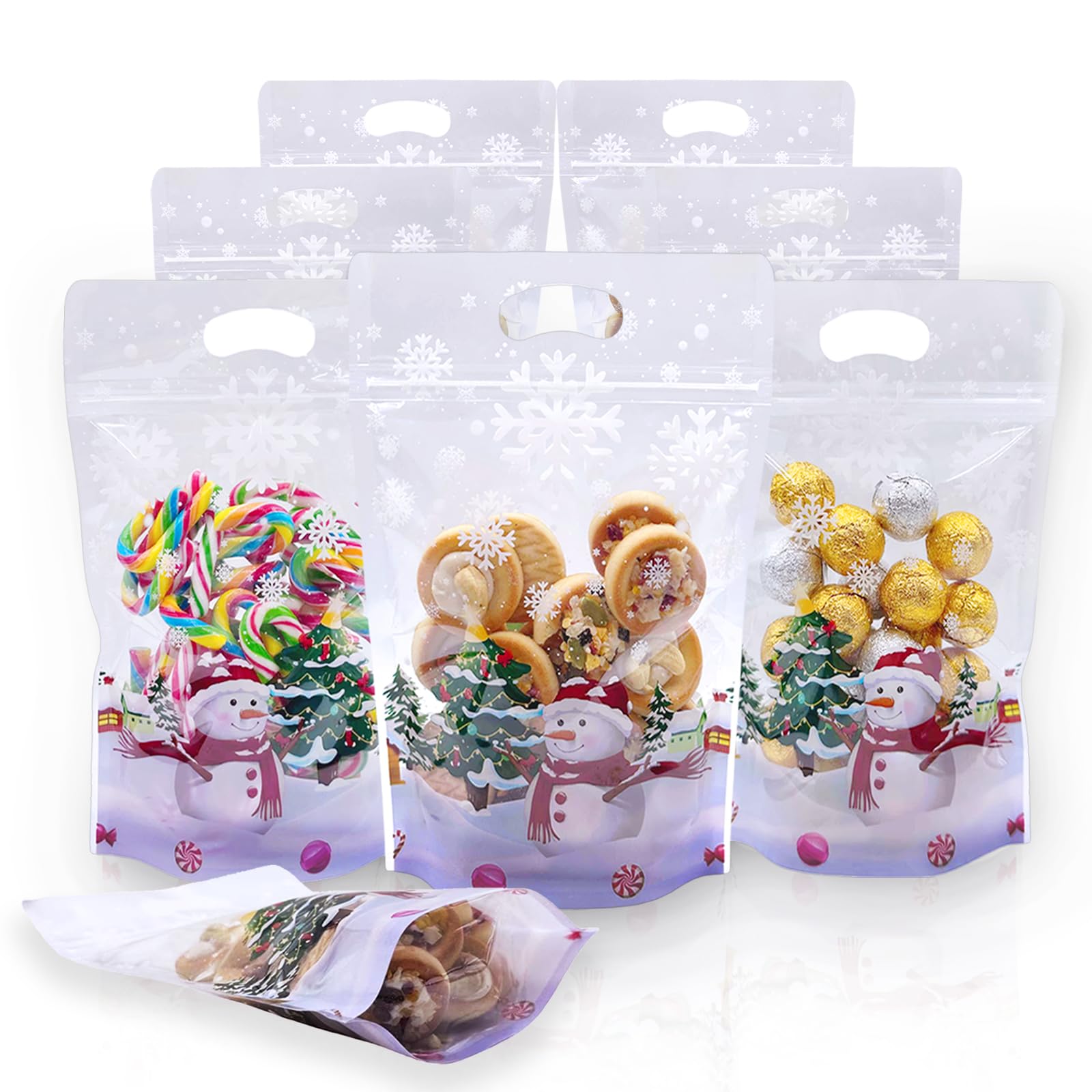 Rikolto Resealable Christmas Zip Lock Bags 50PCS Clear Christmas Cookie Sealing Bags with Handles Snowman Plastic Bags for Xmas Holiday Party Candy Small Gift Wrapping Supplies Decor