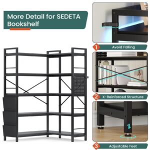 SEDETA 5 Tier Corner Bookshelf, Modern Corner Bookcase, Convertible Bookshelf with Storage Bag, Pegboard & LED Light, Tall Bookshelves for Bedroom, Living Room and Home Office, Black