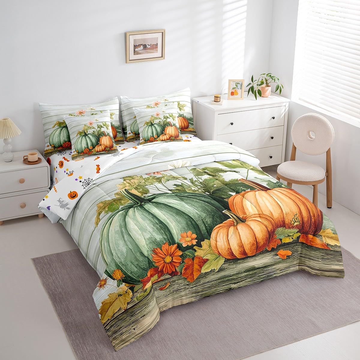 Erosebridal Rustic Farmhouse Fall Bedding Sets 7 Piece Pumpkin Bed in A Bag King Thanksgiving Harvest Season Comforter Set with Sheets for Kids Adults,Autumn Botanical Leaces Bed Set