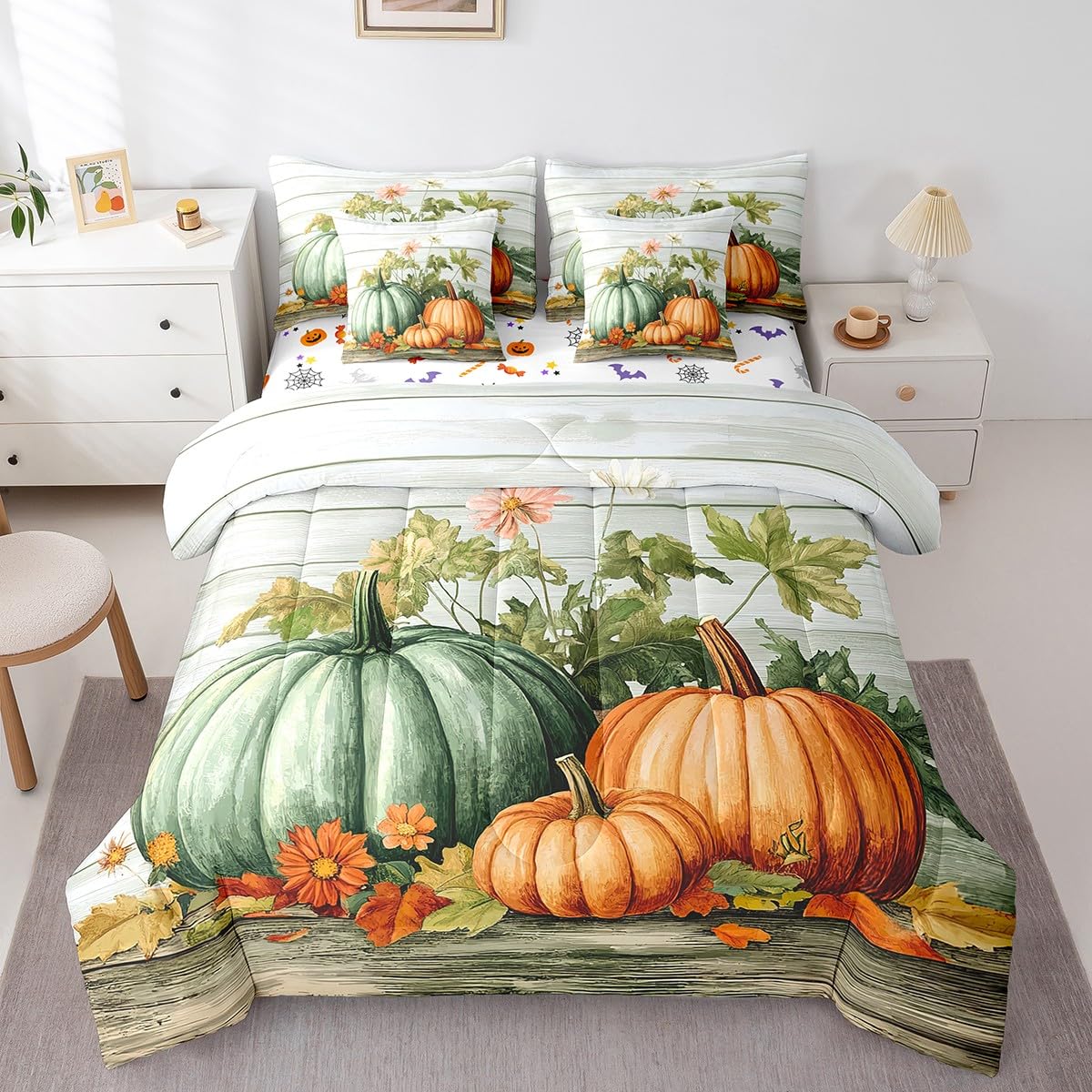 Erosebridal Rustic Farmhouse Fall Bedding Sets 7 Piece Pumpkin Bed in A Bag King Thanksgiving Harvest Season Comforter Set with Sheets for Kids Adults,Autumn Botanical Leaces Bed Set