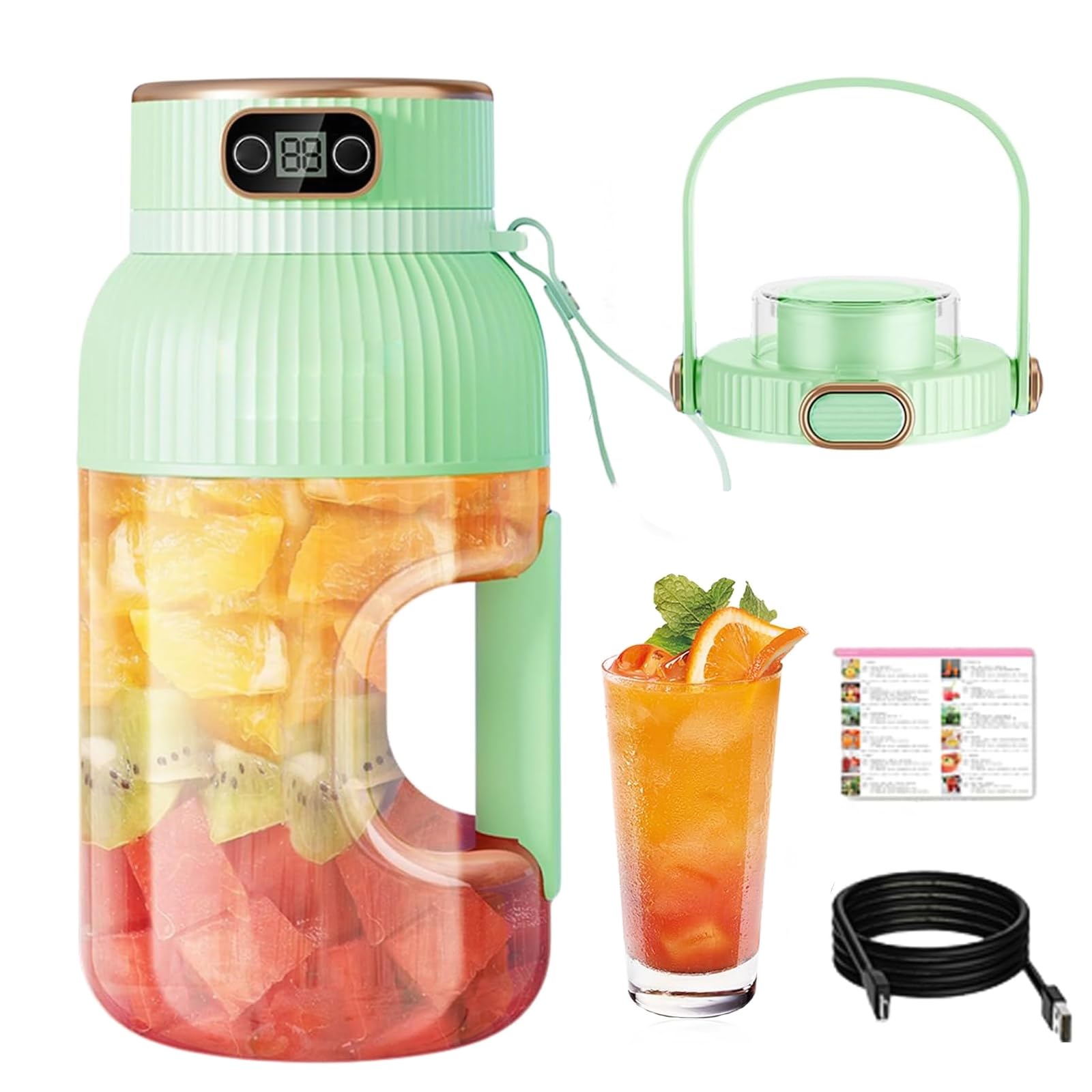 Yulyoie Multifunctional Portable Juicer Cup with Digital Display 2024 New, Juice Cup Blender, 40.6oz Personal Wireless Portable Blender Rechargeable for Shakes, Smoothies, Fruits (A Green/1pcs)