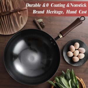 UMETRE Carbon Steel Wok Pan, 13.5″Woks & Stir-Fry Pans with Wooden Lid Cookwares, Nonstick Wok, No Chemical Coated Round Bottom Hand Hammered Chinese Wok For Gas