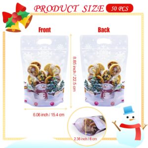 Rikolto Resealable Christmas Zip Lock Bags 50PCS Clear Christmas Cookie Sealing Bags with Handles Snowman Plastic Bags for Xmas Holiday Party Candy Small Gift Wrapping Supplies Decor