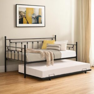 zevemomo twin metal daybed with trundle, black twin size metal sofa bed daybed with pull out trundle bed for bedroom living guest room, heavy-duty day bed no box spring needed, easy assembly